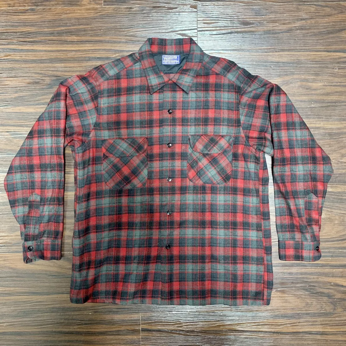 Vintage 1950s-60s Pendleton Wool Board Shirt Plaid Loop Collar Flap Pockets L