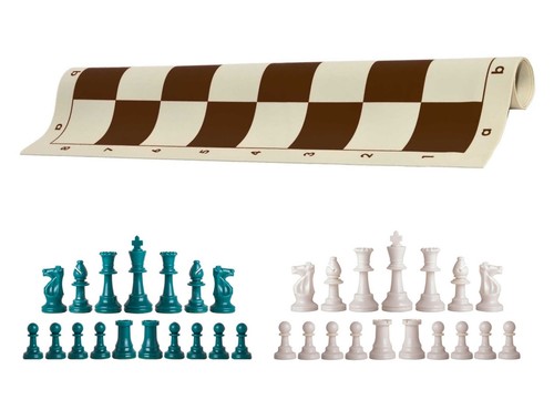 Aqua & White Chess Pieces 20" Brown Vinyl Board - Single Weight Chess Set - Picture 1 of 4