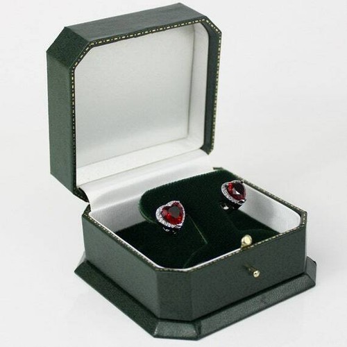 WHITE GOLD FINISH Red Ruby Created Diamond Heart Cut Droplet Earrings - Picture 2 of 4
