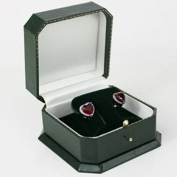 WHITE GOLD FINISH Red Ruby Created Diamond Heart Cut Droplet Earrings - Image 2 of 4