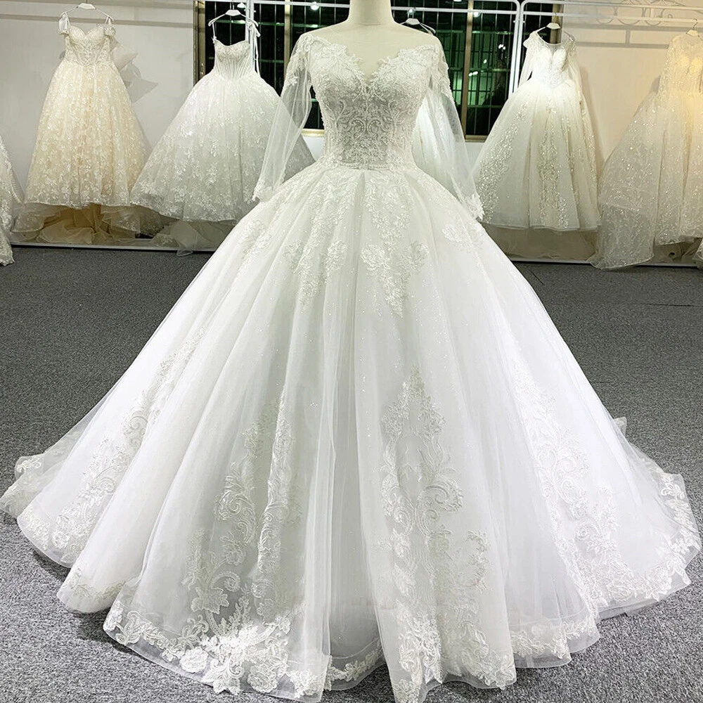 Elegant Glitter Wedding Dresses Long Sleeves Lace Beaded Sweep Train Ball  Gowns