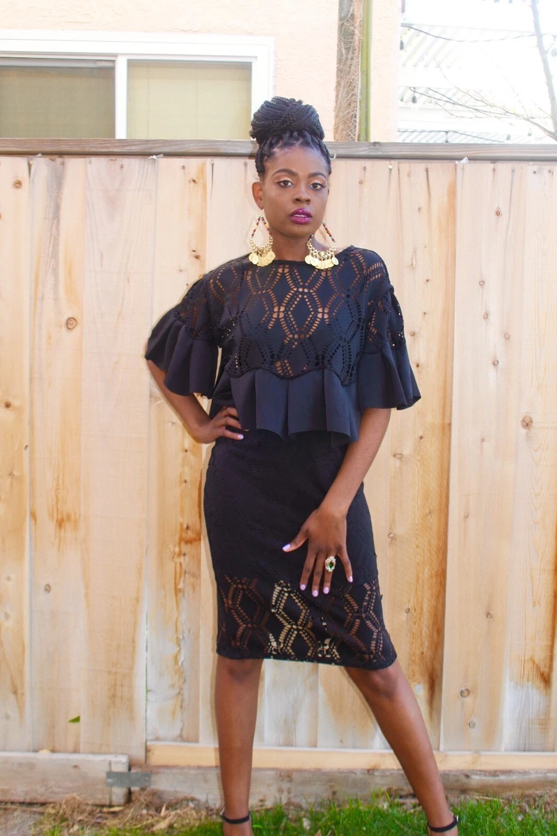 Black ruffle top skirt set