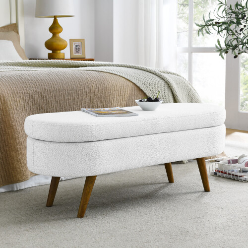 White Ottoman Oval Storage Bench,rubber Wood Legs Size (43.5"x16"x16") - Picture 3 of 7