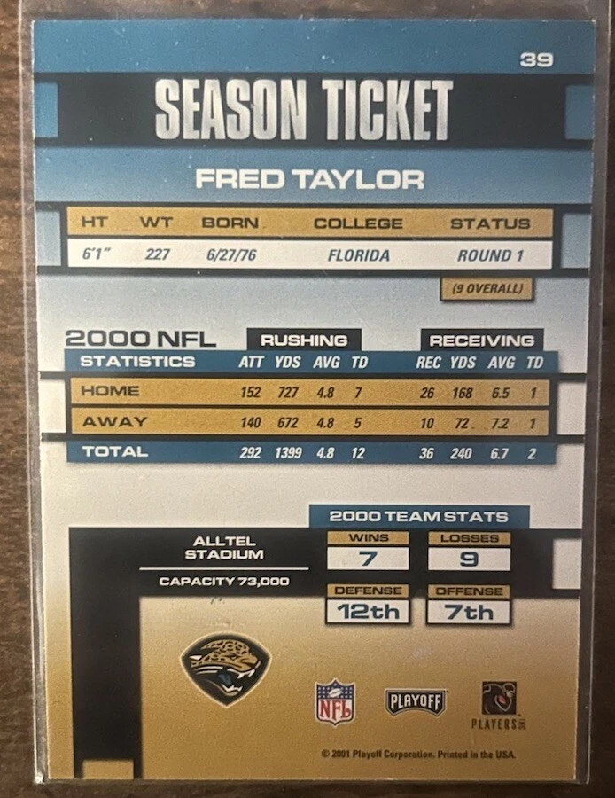 2001 Playoff Contenders Football Card #39 Fred Taylor Jacksonville Jaguars - Image 2 of 2