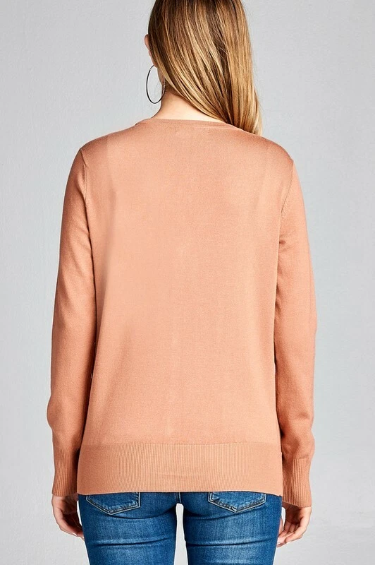 Tan Beige V Neck Button Down Long Sleeve Soft Stretch Light Sweater Cardigan - Image 2 of 3