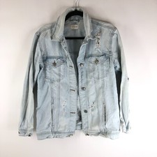 Pimkie Womens Denim Jacket Vintage Retro Trucker Distressed Light Wash L