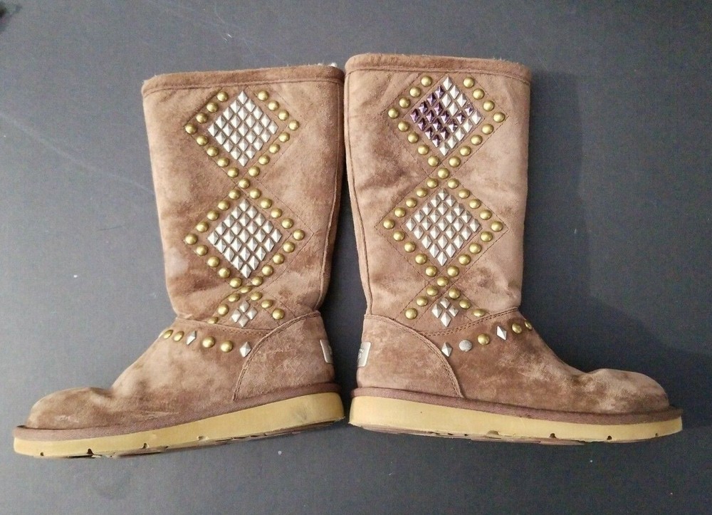 Women's UGG Avondale Suede Sheepskin Studded Tall Winter Boots Brown Sz 5 # 3330