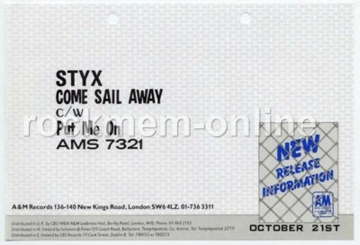 Styx Come Sail Away Dealer Flyer 1977
