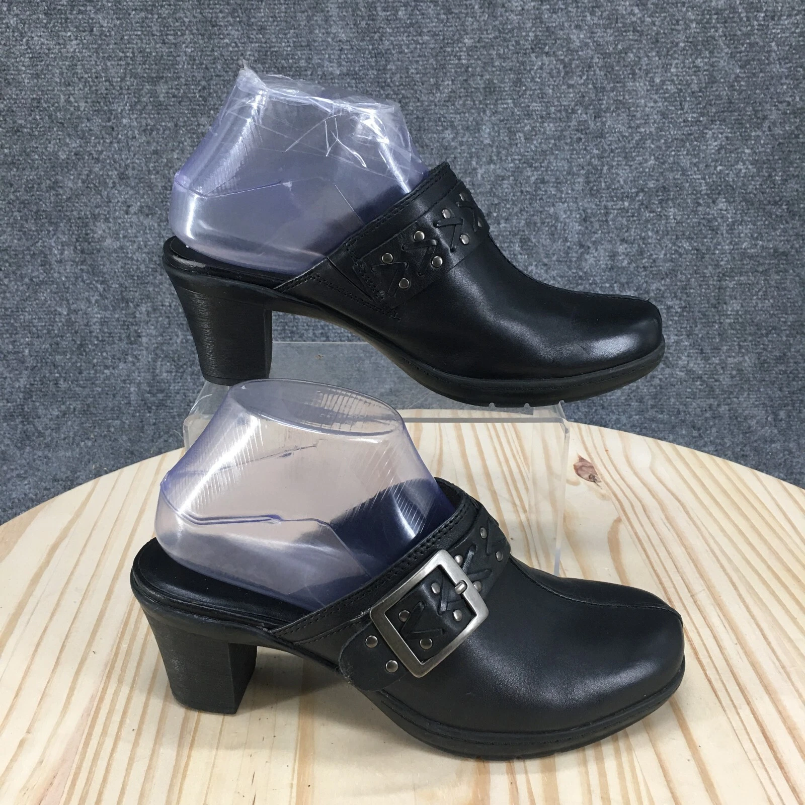 Sandali Clarks pieghevoli donna 8M casual slip on tacco a blocco mulo pelle nera