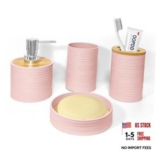 Bathroom Accessories Set 4 PCS, Bamboo Bathroom Accessory Set 4pcs Light Pink