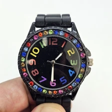 38MM Watch Women Black Dial Multicolor Bezel Black Plastic Bands New Battery