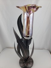 16" Hand Blown Art Glass Tulip / Lily Brown color stripes Metal Leaves Stem Base