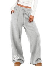 Womens Wide Leg Sweatpants Fleece Lined Baggy Pants Drawstring Athletic Jogge...