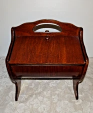 Vintage 1950's Wooden Sewing Box Cabinet Walnut Finish - Possum Belly Shape