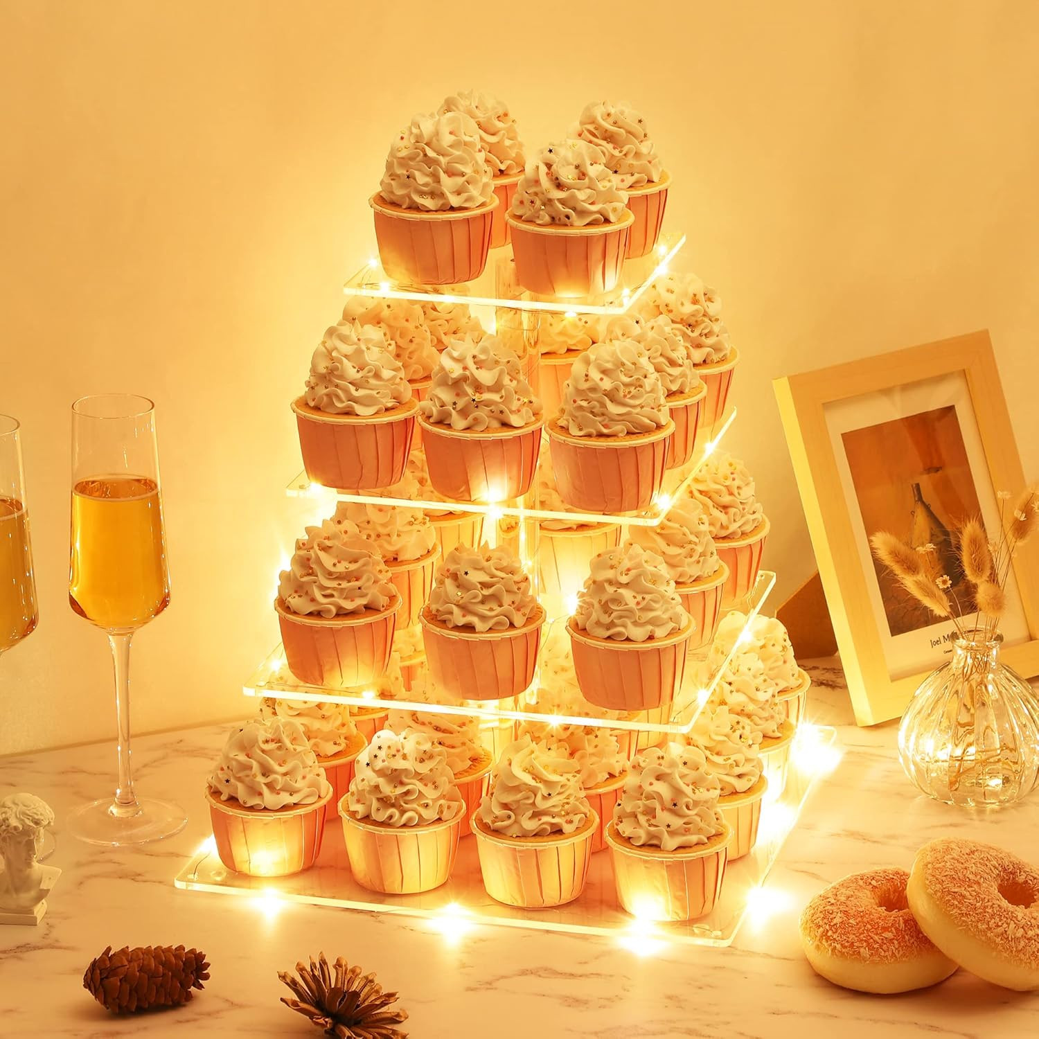4 Tier Cupcake Stand with LED String Light, Acrylic Cupcake Display Stand, Squar