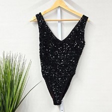 Black Sequin Sleeveless V-Neck High Cut Bodysuit Top Womens