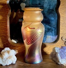 Loetz Red Combed Feather on Iridescent Peach Vase Rare Large 11 Art Glass