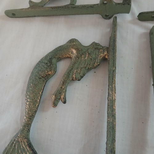 Lote de 9 Soportes De Estante Sirena De Hierro Fundido De Colección Ménsulas Petina De Oro Verde - Imagen 3 de 10
