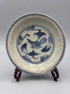 Antique Chinese Ming Dynasty Ge Glaze Blue and White Dish - Fish, Algae & Bat