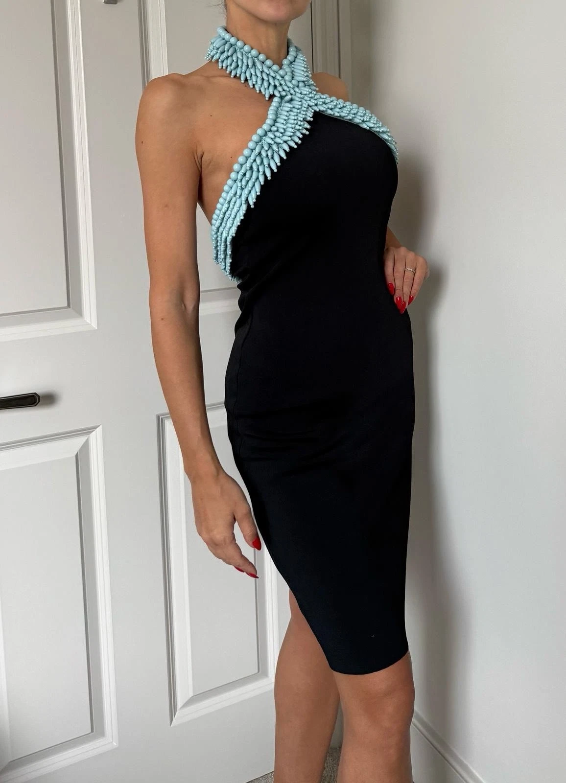 Mini abito Bottega Veneta in jersey con scollo alto impreziosito da perline S nuovo con etichette!