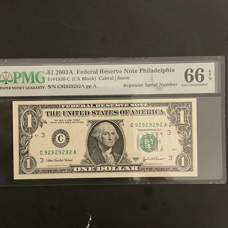 FR#1930-C $1.00 FRN Super Repeater SER# 92929292 PMG 66 EPQ - Image 3 of 3