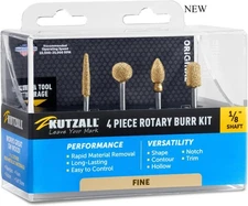 Kutzall 4-Piece Rotary Burr Kit - 1⁄8" Shaft, Fine - Wood Carving Bits, NEW