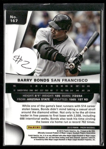 2015 Panini Prizm Barry Bonds #167 San Francisco Giants - Bild 2 von 2
