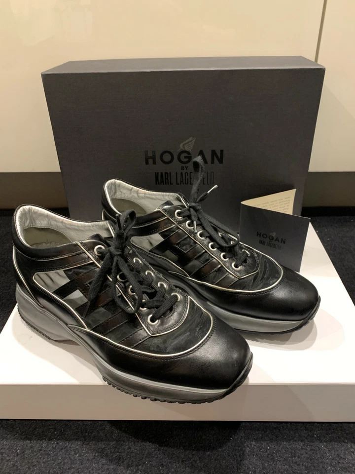 Tenis interactivos HOGAN KARL LAGERFELD $525 negros, plateados de malla de cuero 38IT/8 Foto 4 de 4