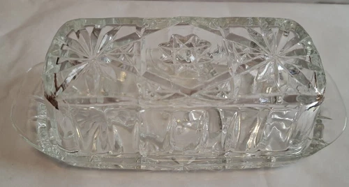 Vintage Anchor Hocking Prescut clear glass Star of David Butter Dish 2 Piece