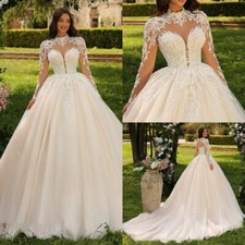 Luxury A-Line Wedding Dresses High Neck Long Sleeves Cathedral Train Bridal Gown