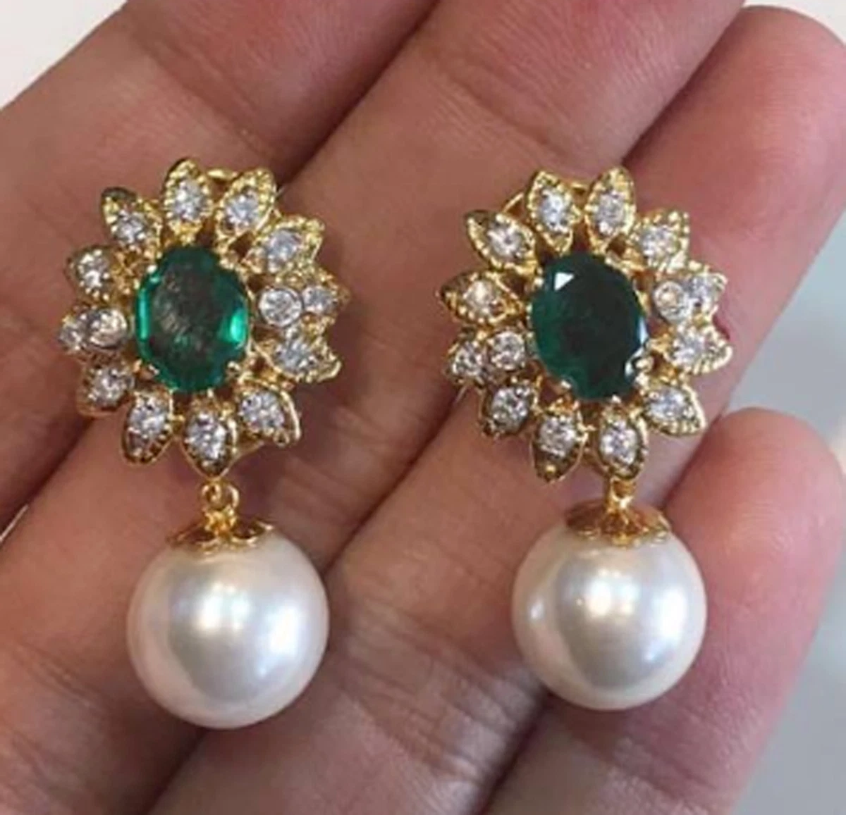 Genuine Emerald Gems Pearl Earring 925 Solid Silver Polki Diamond Stud  Earring