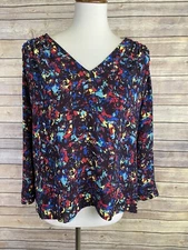 Collective Concepts Small V Neck Blouse Colorful Ruffled Detail Career Top
