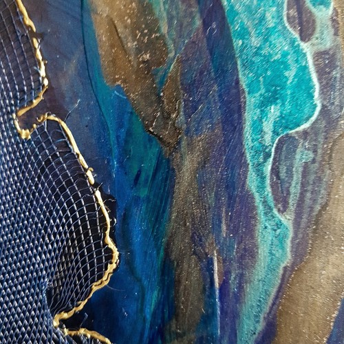 Mermaid – Acryl mit 3D-Goldkonturen und Netzstruktur auf 3mm Holzplatte 60x80 cm - Bild 3 von 5