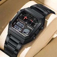 LIGE FOXBOX Men Digital Watches Rectangle Sport Alarm Stainless Steel Wristwatch