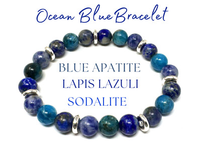 Ocean Blue Bracelet: 8 mm Crystal Beads (Blue Apatite, Lapis Lazuli, & Sodalite)