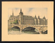 Vintage Barday Etching Paris de Palais de Justice - La Conciergerie - 1943