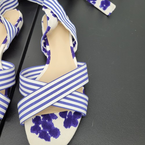Cabi Womens 8M Watercolor Tie Up Sandals Shoes Blue White Floral Stripe Flat - Picture 7 of 14