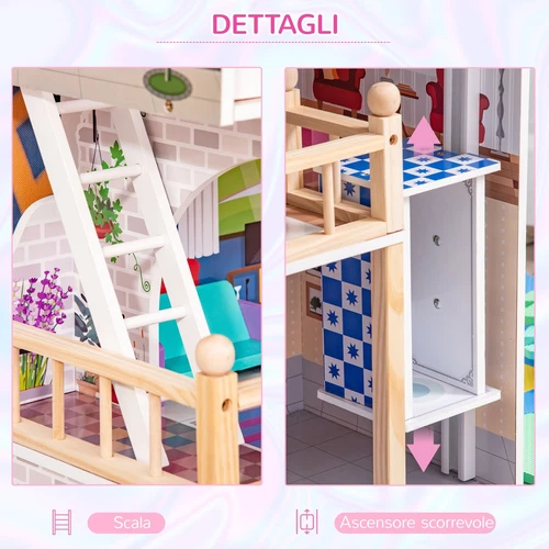 HOMCOM Casa delle Bambole in Legno a 3 Piani con Ascensore e 13 Accessori Rosa - Foto 6 di 10