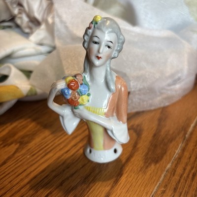 Porcelain half doll German Bisque Lady Gray Hair A188 1/2 W/ Flowers Pin Cush