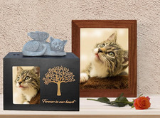 Pet Urn for Cat Ashes Cat Keepsake Wooden Cat Memorial Box Urn with Photo Frame