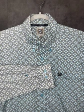 Cinch Mens Shirt Collared Long Sleeve Buttons Pocket Logo Geometric Size M