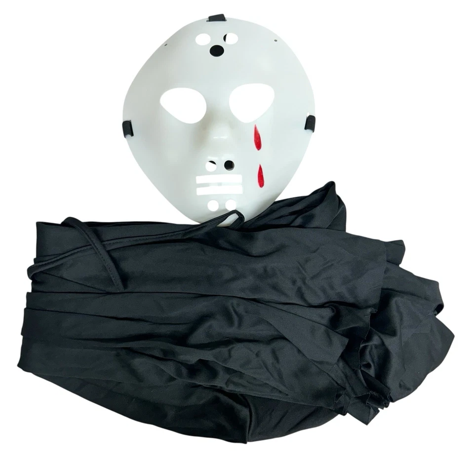 Hockey Mask - White Plastic W Tears + Cape -Jason Costume Accessory - Halloween - Image 4 of 4