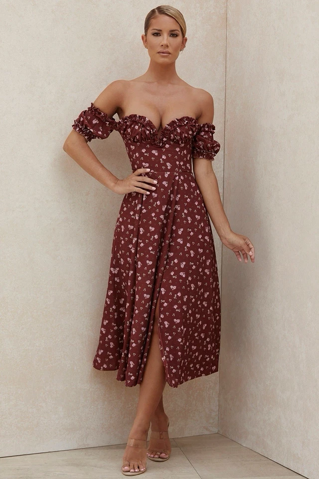 NUEVO Vestido Midi House of CB 'Lauren' Vino Floral Corsé Sin Tirantes Talla L Foto 4 de 4