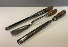 3 VINTAGE LONG WOOD CARVING  GOUGES : W,MARPLES & SONS / SORBY / T.TURNER