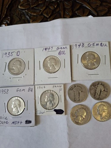Wash Quarters Lot 1935-D 1947 1948 1958 Gem BU 1964 Proof Silver Denver 9 ea