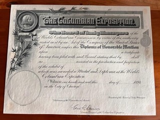 ENGRAVER’S Sample DIPLOMA FOR THE COLUMBIAN EXPOSITION BOARD OF LADY MANAGERS