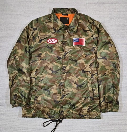 R13 Camo Coach Jacket Mens M Snap Button Collared Patch USA Streetwear  - product listing photo