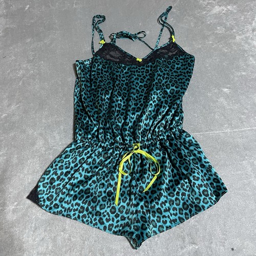 Y2K Betsey Johnson Intimates Romper Womens Small Blue Animal Print Satin Lace