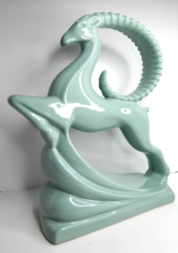 Royal Haeger Leaping Gazelle Seafoam Green Sculpture Ceramic Art Deco 19" Tall