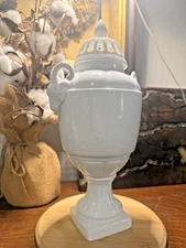 Vintage White Ceramic Urn w/ Ram’s Head Handles & Pierced Lid Hollywood Regency